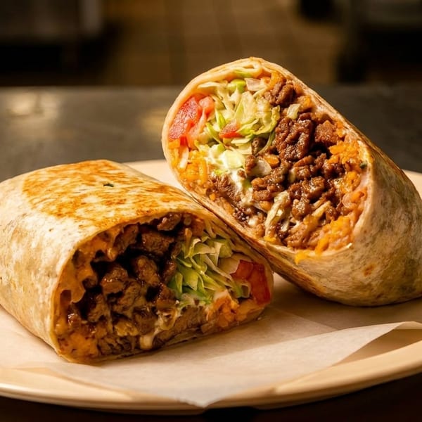 Two halves of a large, grilled burrito filled with meat, rice, lettuce, and tomato on a plate.