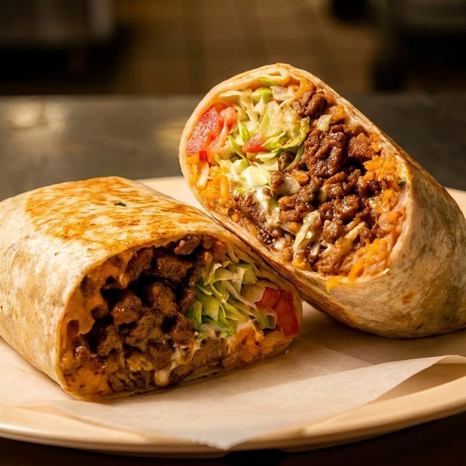 Two halves of a large, grilled burrito filled with meat, rice, lettuce, and tomato on a plate.