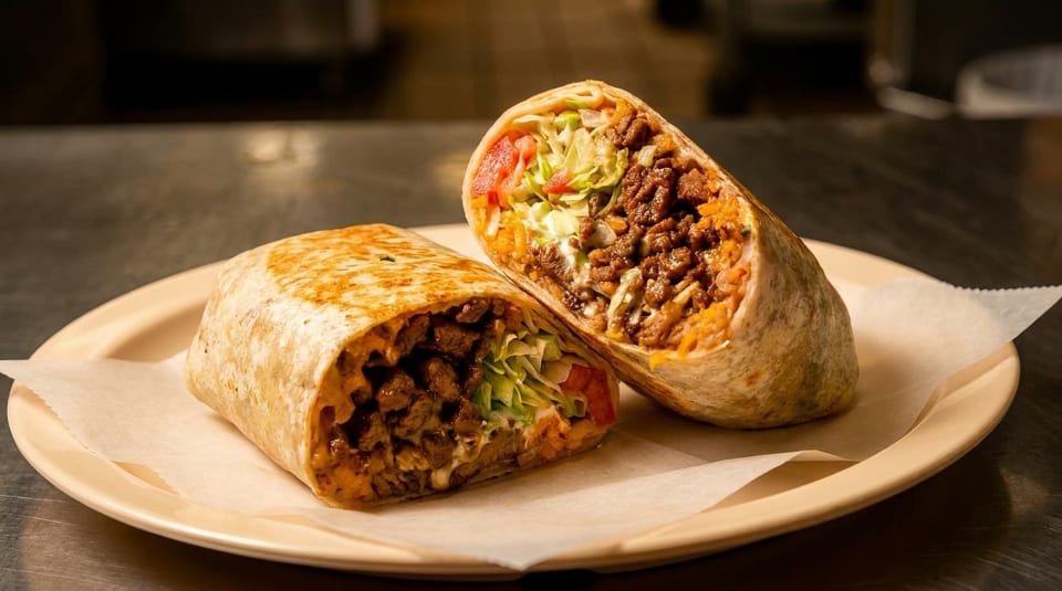 Two halves of a large, grilled burrito filled with meat, rice, lettuce, and tomato on a plate.