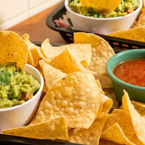 Crispy tortilla chips with bowls of fresh guacamole and vibrant salsa in a black basket.