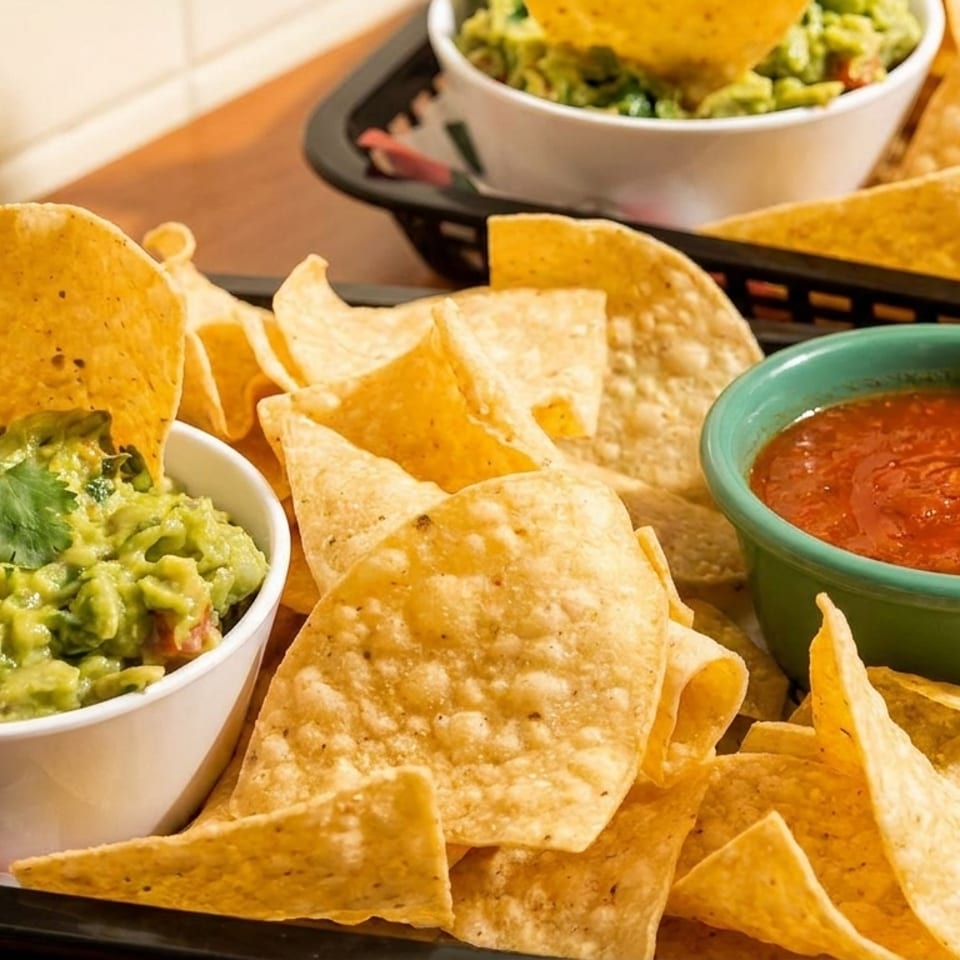 Crispy tortilla chips with bowls of fresh guacamole and vibrant salsa in a black basket.