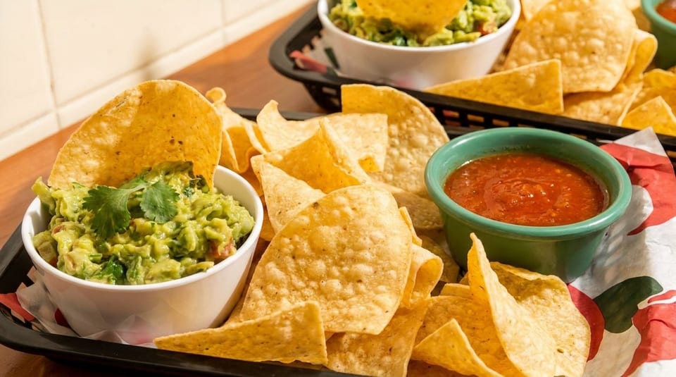 Crispy tortilla chips with bowls of fresh guacamole and vibrant salsa in a black basket.